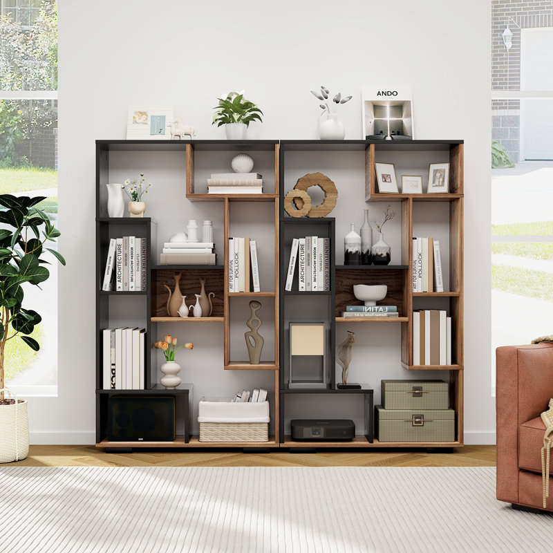Bibliothèque géométrique 47 po H 47 po x l 27,5 po avec plusieurs tablettes ouvertes anti-basculement, Noir / brun