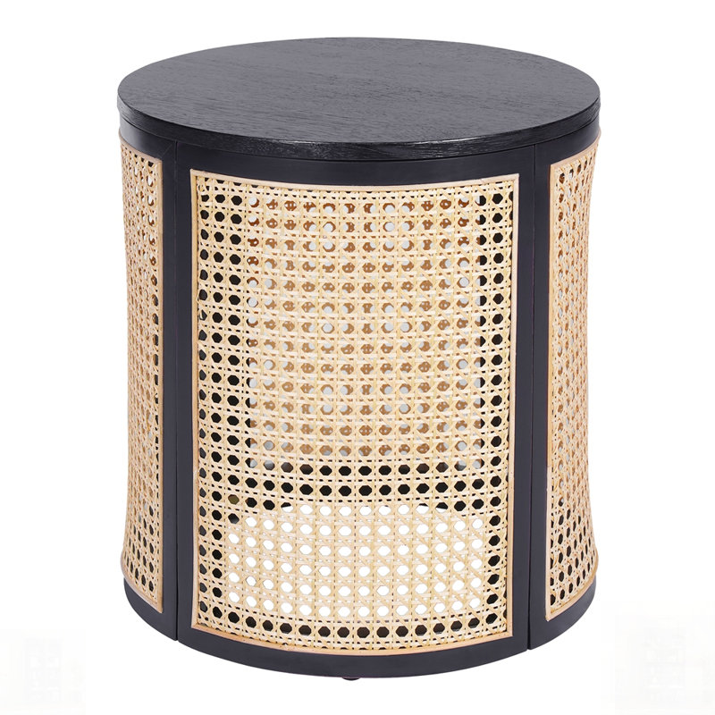 Table de bout ronde en rotin tissé avec conception creuse, facile à assembler et bois d'hévéa durable pour un décor moderne