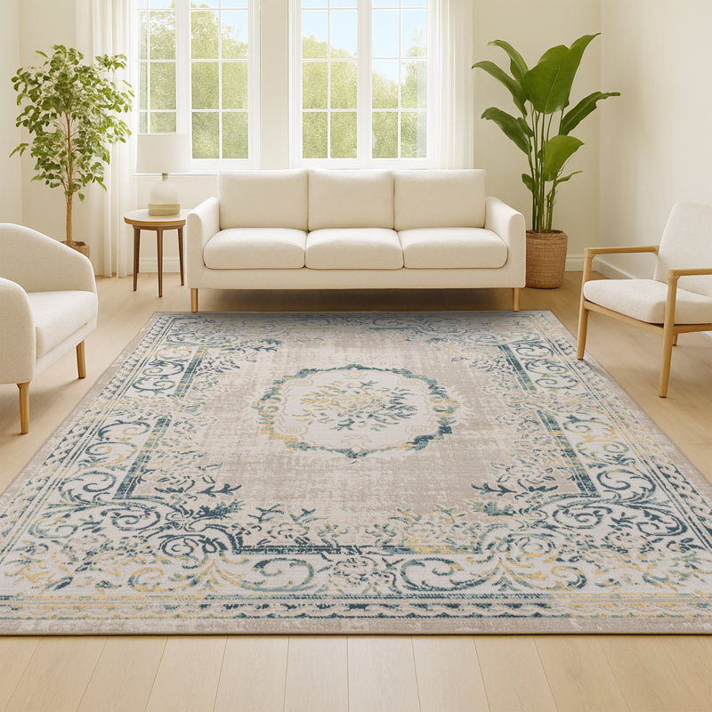 Rosalia Cottage Medallion Navy/Beige Rug, Rectangle 3' x 5'