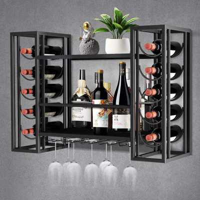 Wall Mount Wine Racks With Glass Holder, Metal Bottle Holder Glass Rack Wall Mount, 2-Tiers Multipurpose Metal Shelf For Home Bar, Kitchen, Dining Room (Black)
