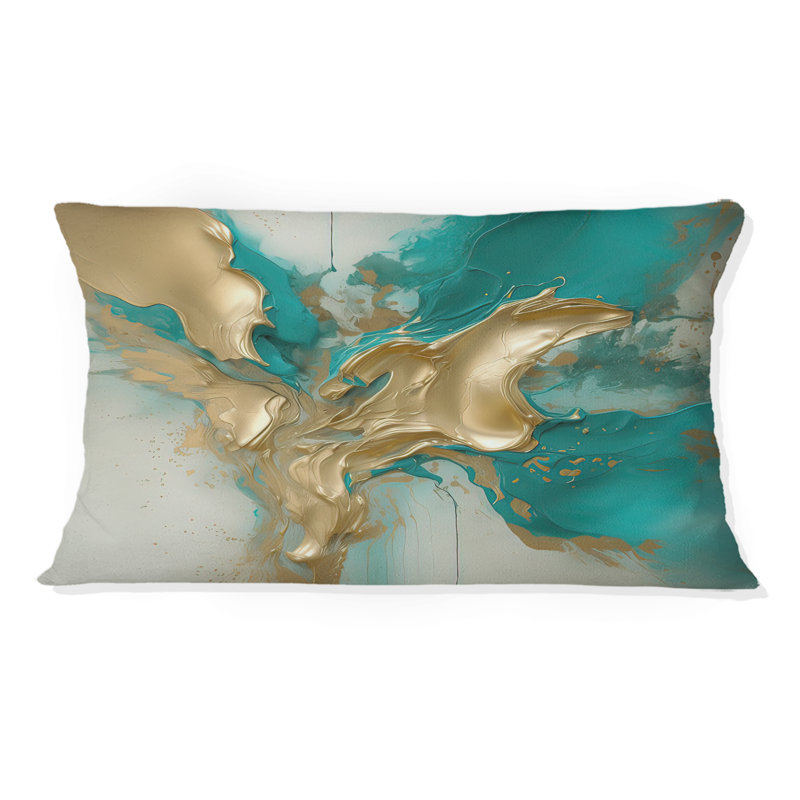 Marbre doré et turquoise Fuild Ink II - Coussin abstrait en marbre, 12" x 20", Rectangulaire