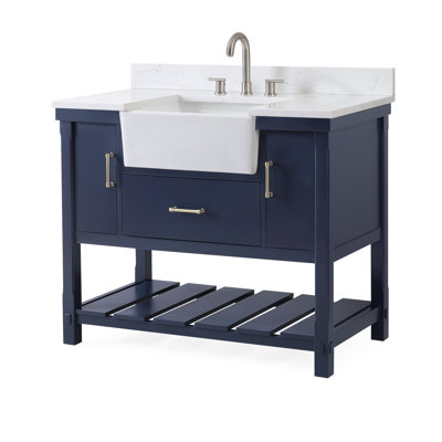 Meuble-lavabo autoportant Benton Collection Kendia de style ferme, 107 cm (42 pouces), bleu marine, lavabo simple, comptoir en quartz blanc féerique, entièrement assemblé