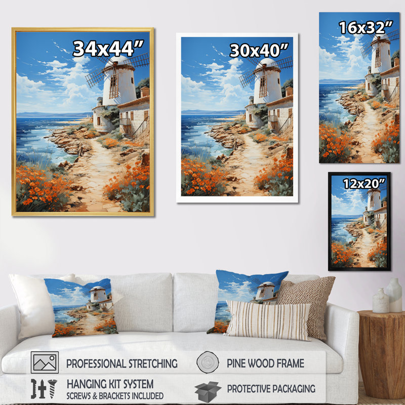Reproduction sur toile espagnol, moulins à vent de côte II, H 40 po x l 30 po x P 1,5 po, Encadrement doré