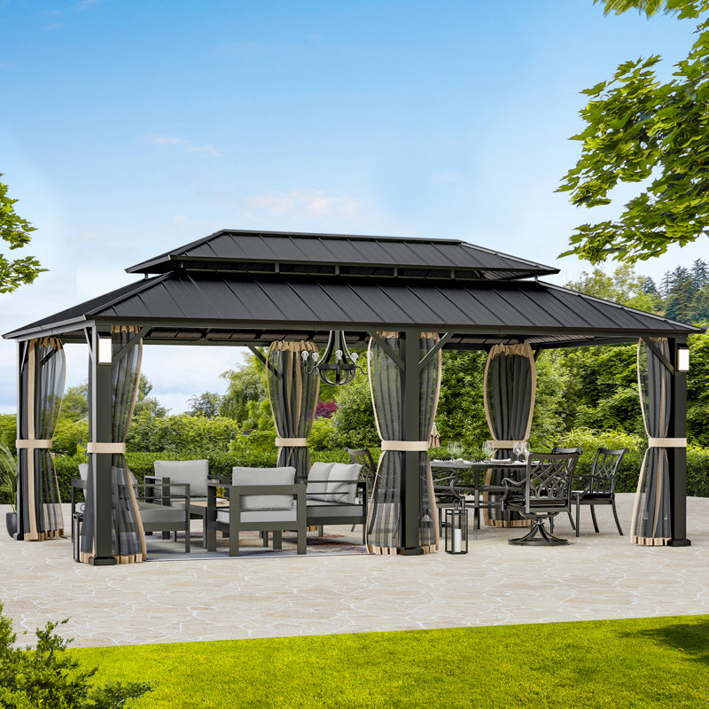 Hamilton 12 FT. x 20 FT. Hard Top Gazebo With Solar Self Powered LED Lights, Mosquito Netting And Canopy Hook