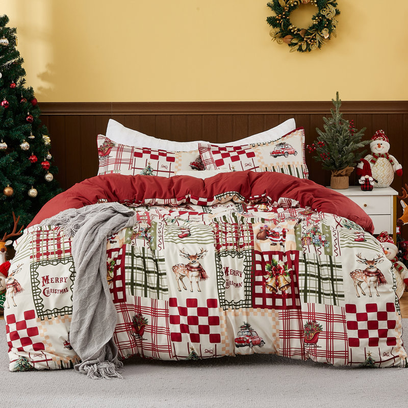 104"x90" Traditional Christmas Plaid King Duvet Cover Set, Red & Green Holiday Bedding with Lightweight 90GSM Polyester Fabric, Soft Wash Feel, 3 Piece Set