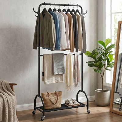 Black Double Rod Rolling Clothing Rack with Storage Shelf and Hooks, Heavy Duty Steel