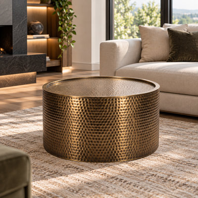 Round Coffee Table with Antique Brass Finish and Hammered Iron Design