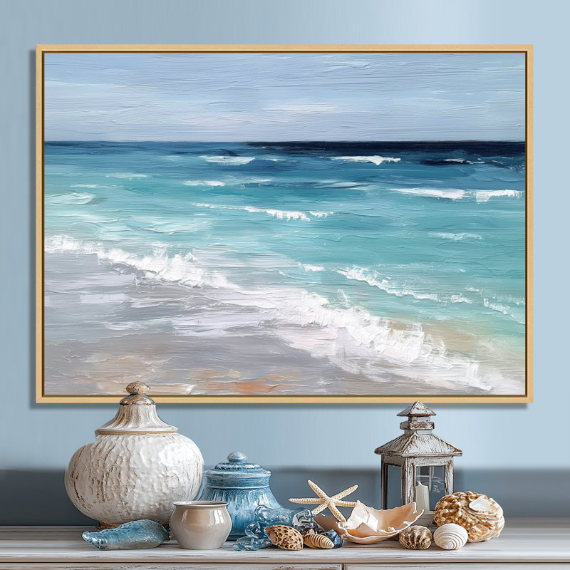 Blue And White Coastal Beach Wonder - Beach Wall Art, White Coastal Canvas Print, 34" H x 44" W, Floater Framed, Cream