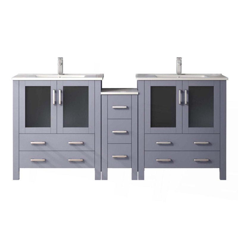 Ensemble de meuble-lavabo double avec armoire latérale, comptoir en céramique et robinet