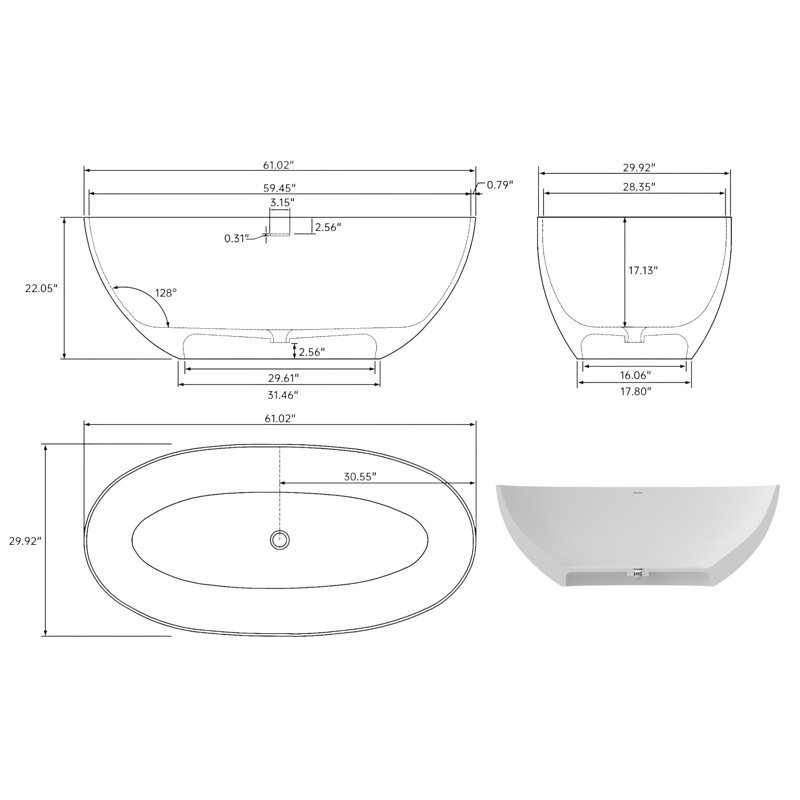 Baignoire de trempage autoportante en résine 61 po x 30 po