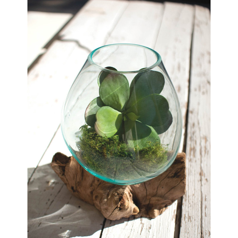 Bol en verre soufflé sur base en bois flotté - grand