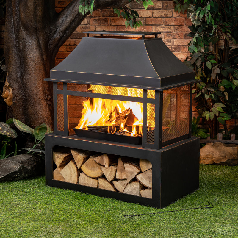 Black Steel 40'' Outdoor Fire Pit with Wood Storage