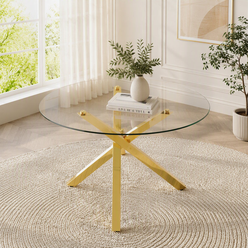 Table de salle à manger ronde en verre avec cadre doré en forme de X, Or + transparent