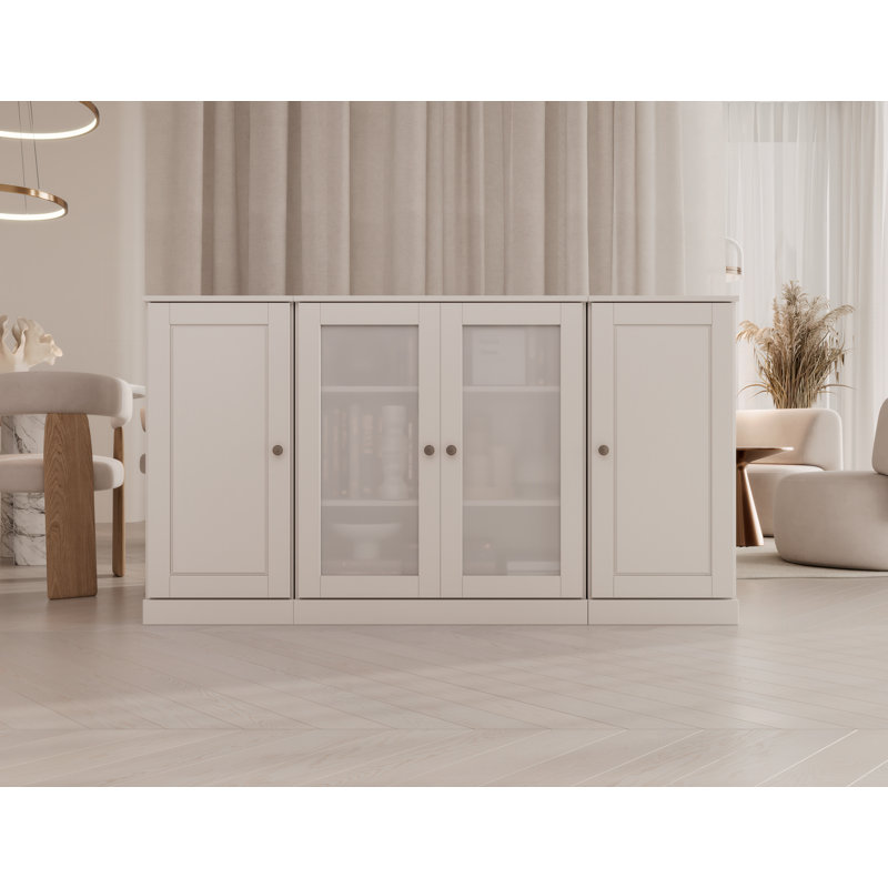 100% Solid Wood 65" Sideboard with Solid, Frosted Glass Doors and Adjustable Shelves, White