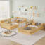 Structure de lit simple en L pour 2 enfants, lits convertibles détachables avec tableaux blancs, lit pour enfants en rotin avec étagères et lumières-128949057