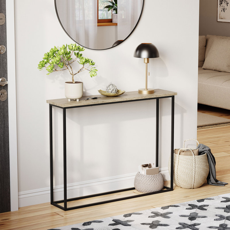 Modern Console Table with Metal Legs – Sleek Hallway Living Room Home Office & Entryway Accent Table, Oak, Black