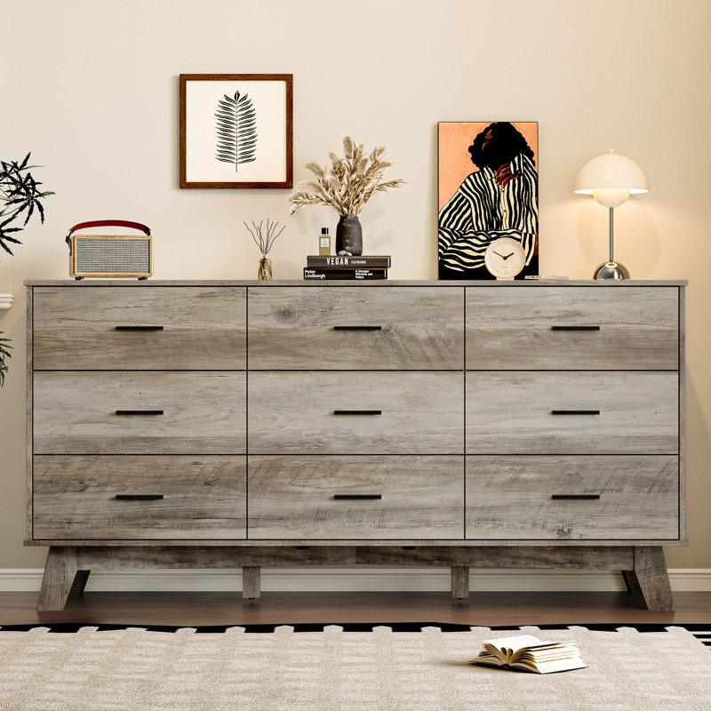 9 Drawer Wide Modern Chest Of Drawers With X-Shaped Sturdy Base, Grey