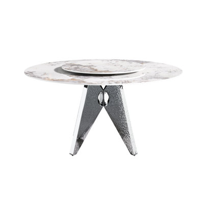 57.86" Round Dining Table With 31.5" White Turntable, Sintered Stone Surface & Stainless Steel Silver Base, Seats 6-8 Rotatable Disk Table, Top For People, And Stable