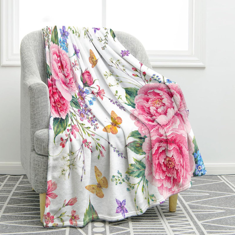 Couverture fleurie rose à papillons, 127 x 152 cm (50 x 60 pouces), idéale comme cadeau.