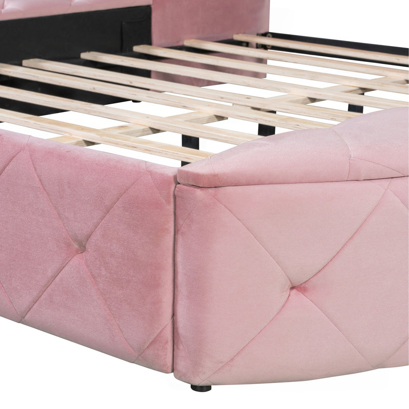 Lit plateforme tapissier en velours avec tête de lit à oreilles, 1 grand tiroir et 2 tabourets de rangement latéraux, Pink
