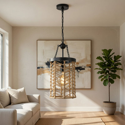 Pendant Light, Cylindric Caged Body With Braided Burlap Rope, Black Metal