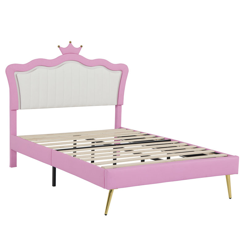 Lit double tapissier pleine grandeur avec tête de lit couronne et lumières DEL, rose et blanc, chambre d'enfant moderne