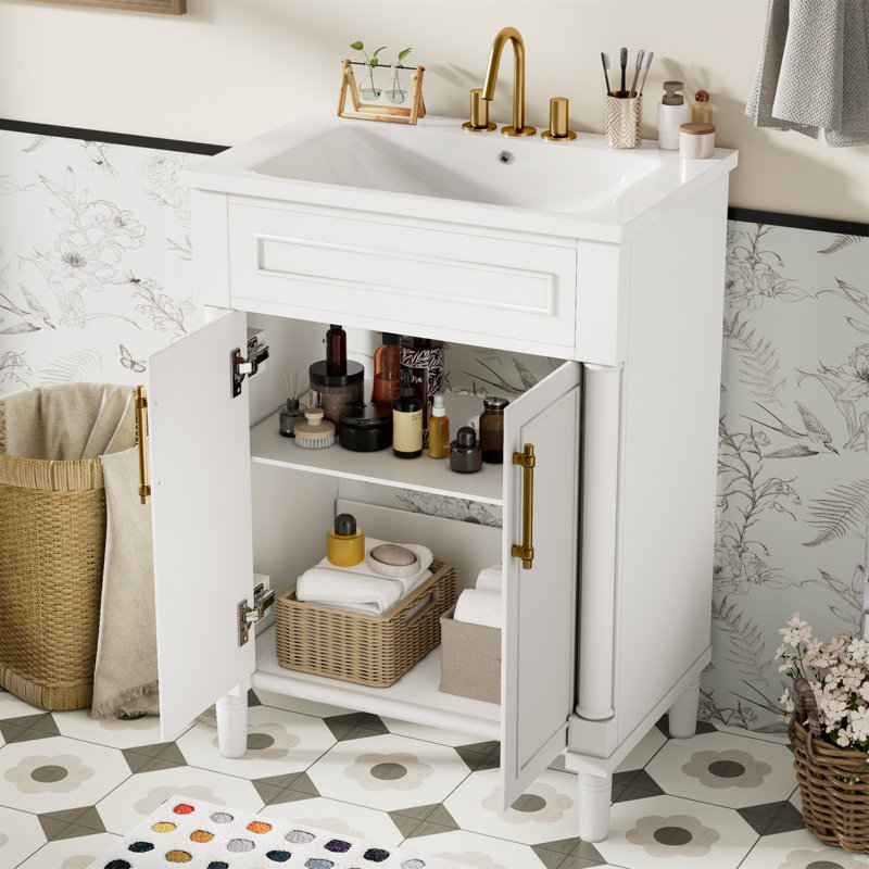 24" Freestanding Single Bathroom Vanity with Ceramic Sink Top and An Adjustable Shelf, White