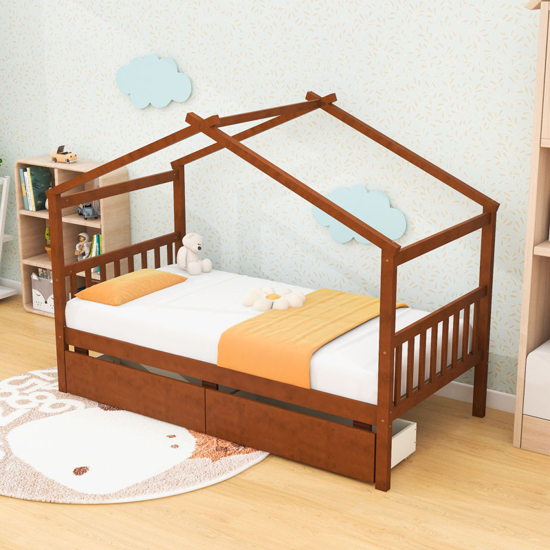 Lit simple en bois avec tiroirs, Noyer
