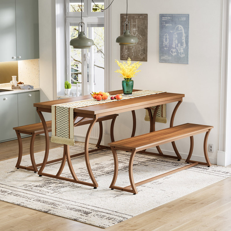 Pandeli 51-Inch Dining Table Set with 2 Benches and Table Runner for 4-6 People