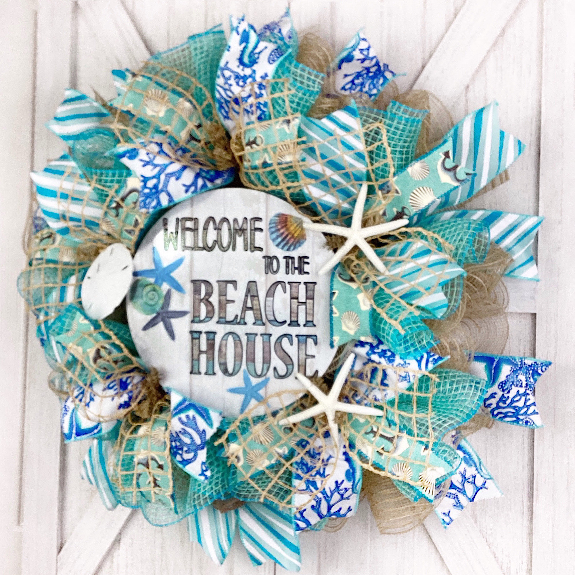 Beach Wreath with Nautical Balls 24 inches Indoor/Outdoor Handmade Deco Mesh