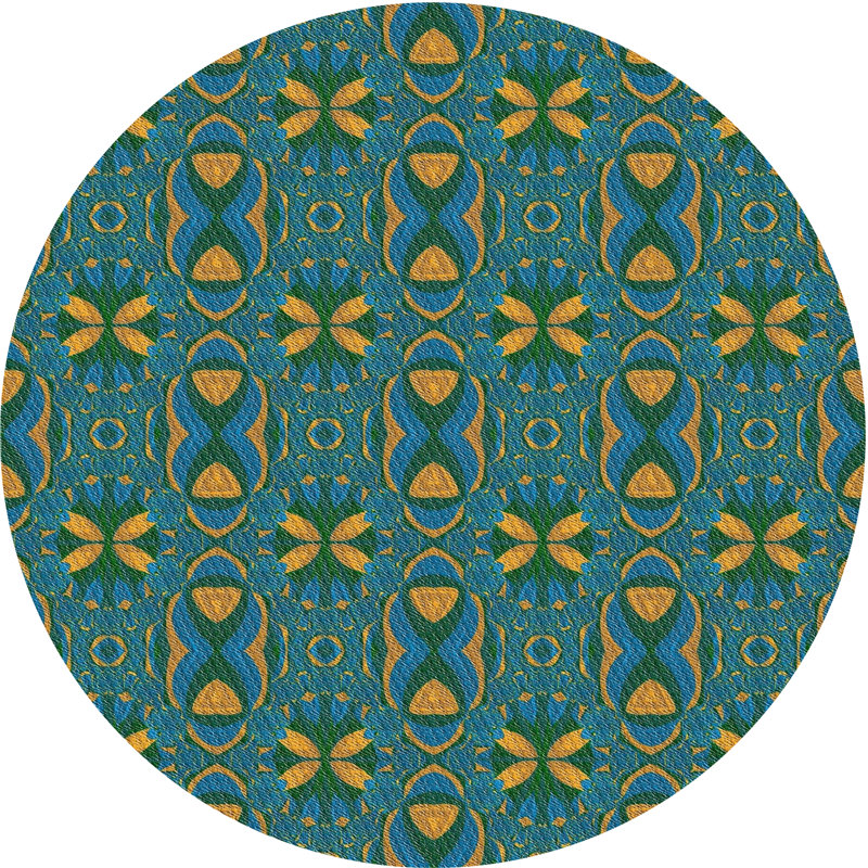 Tapis turquoise/jaune à motifs, Rond 4 pi