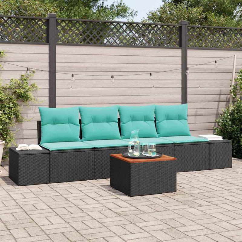  Ensemble de canapé de jardin avec coussin 5 pièces en rotin de polyester noir, Coussin bleu / cadre noir