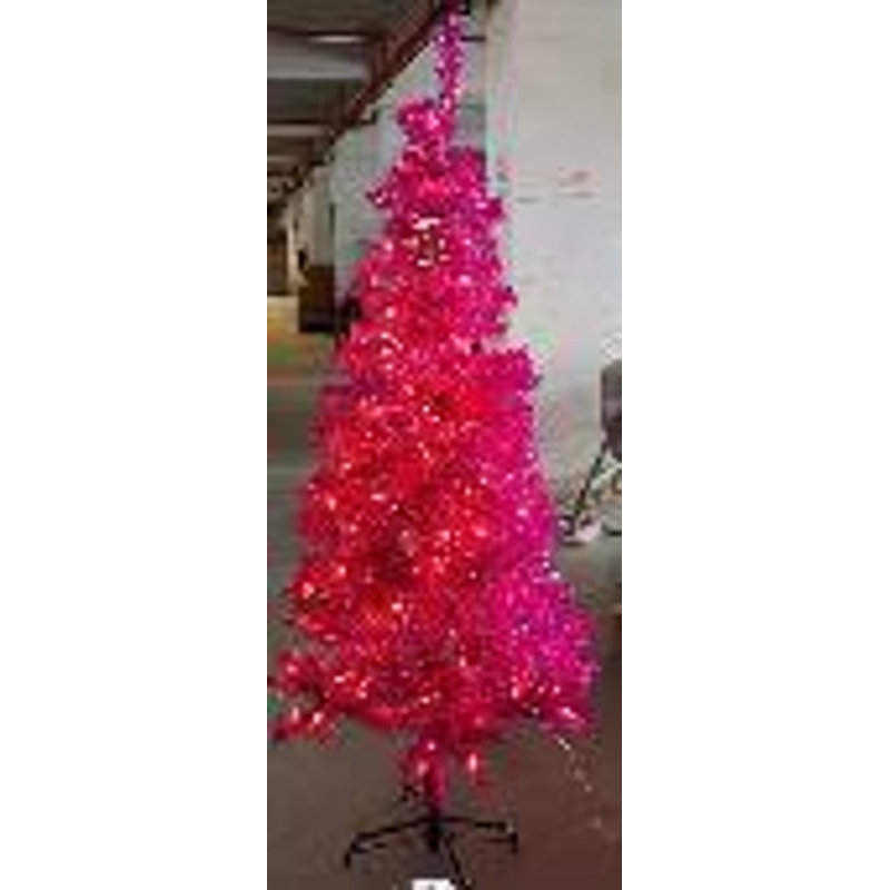 Artificial Tinsel Christmas Tree - Pink - Clear Lights, 7', Pre-Lit