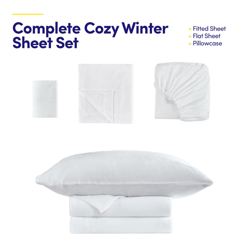 Ensemble de draps en molleton ultra doux Microplush - Simple, blanc, Ensemble de draps pour lit simple avec 1 taie d'or