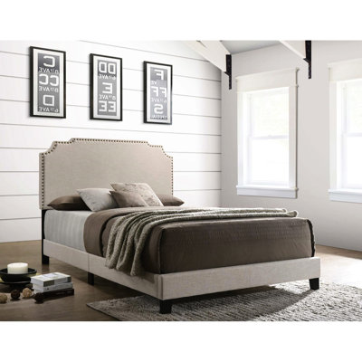 Transitional Beige Queen Bed With Soft Upholstery And Nailhead Trim Size Artistic Touch