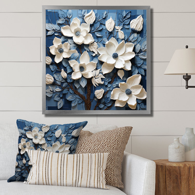 Tapisserie blanche et bleue «Magnolias» - décoration murale Magnolias, H 36 po x l 36 po x P 1,5 po, Cadre simple argenté