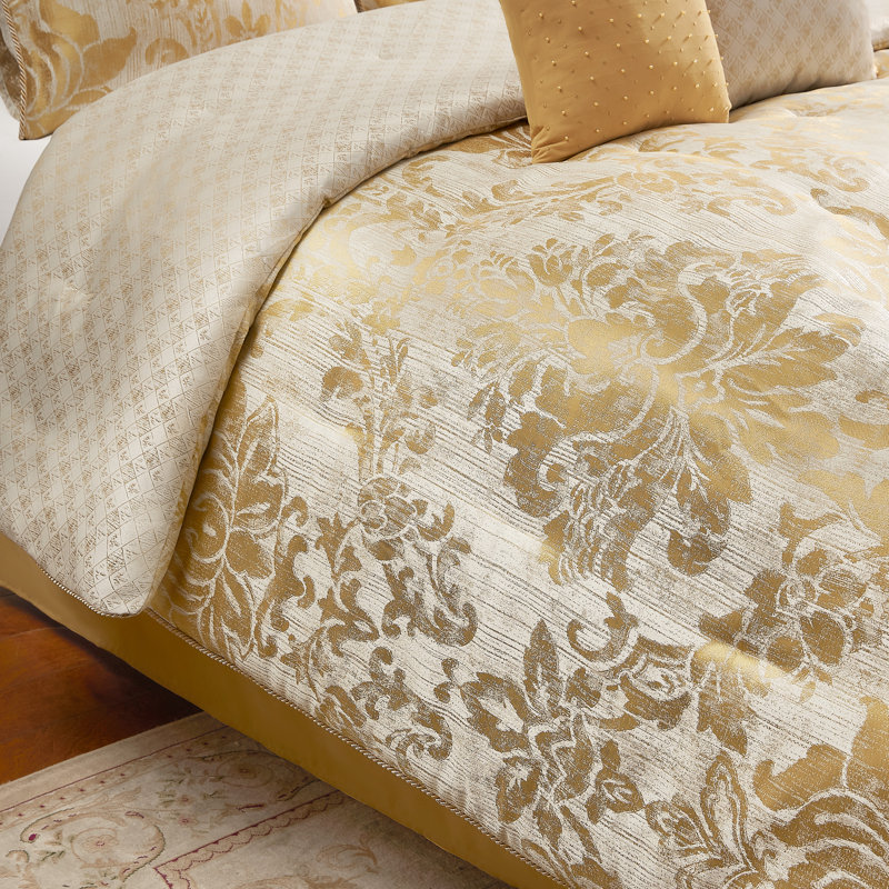 Ivory and Gold Reversible Queen Bedspread Set