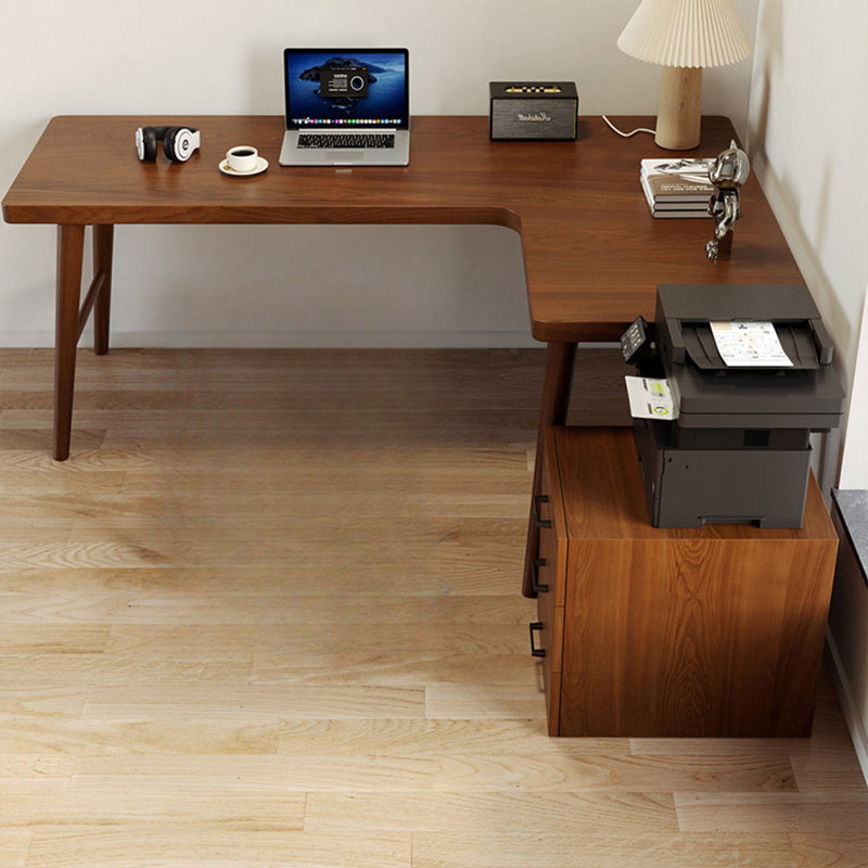 Bureau en bois de pin massif en forme de L brun noyer
