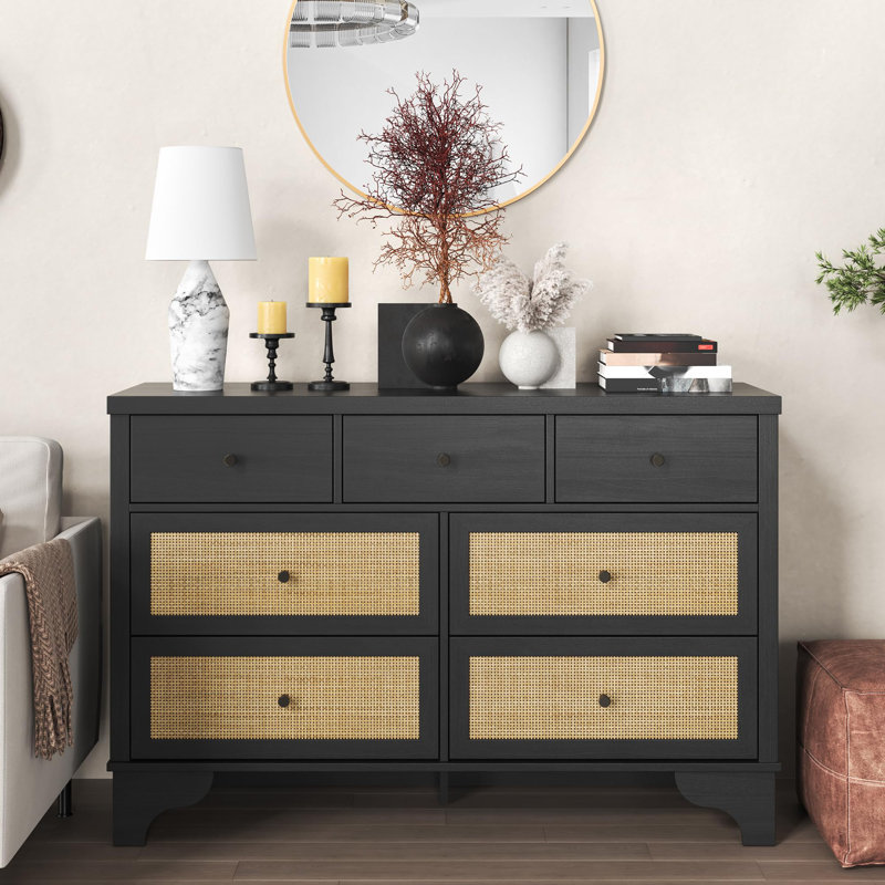 Commode double 7 tiroirs, commode en bois de 47,3 po de largeur avec organisateur de tiroir en bois avec base robuste pour le salon, l'entrée et le couloir