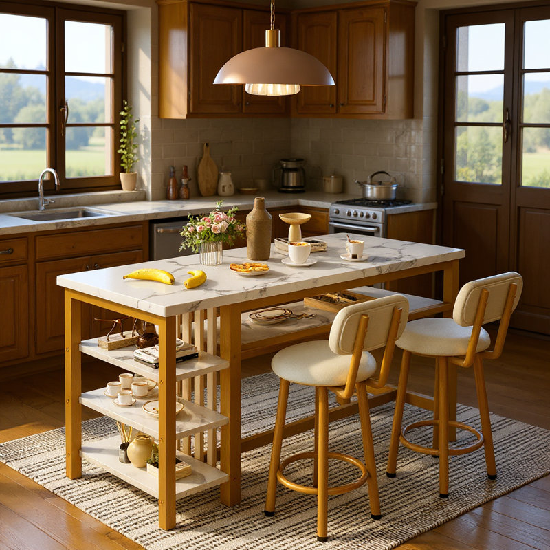 Euphemie 2 - Person Counter Height Bar Table Set with 2 Upholstered Stool Chairs, White/Gold