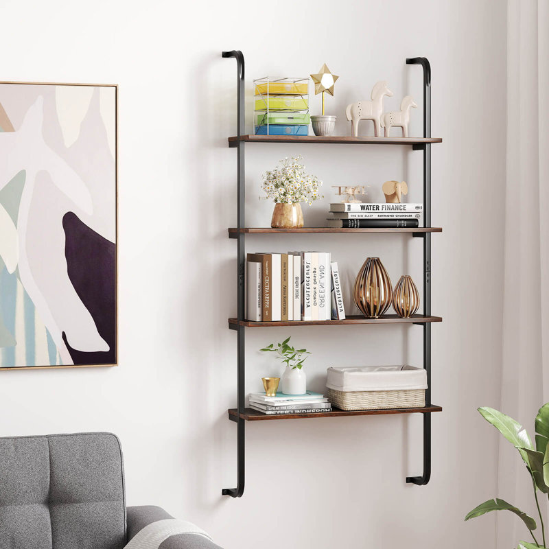 4-Tier Wall-Mounted Ladder Shelf Display Bookshelf With Heavy-Duty Metal Frame, Brown