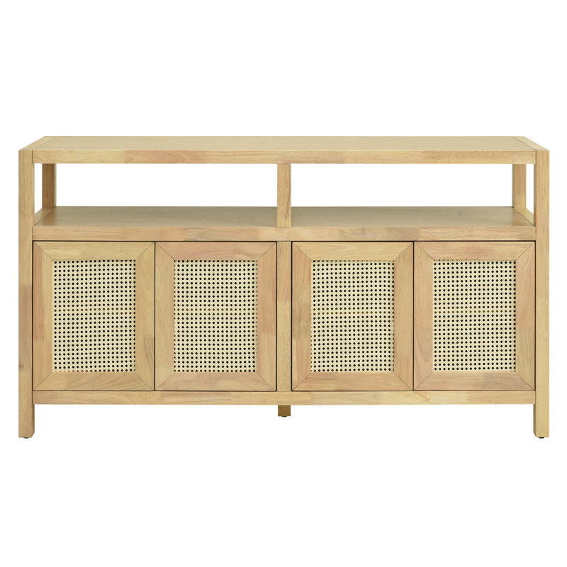 Bohemian Style Rattan Buffet Storage Cabinet with Solid Wood Frame, Push-to-Open Design, Natural