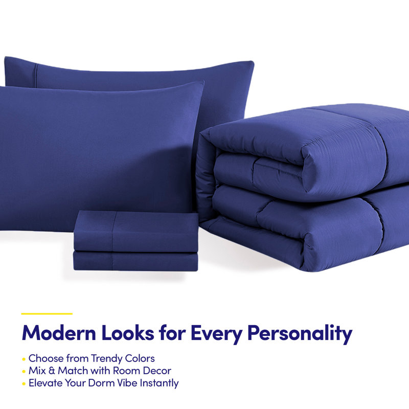 7PC Campus Ready Dorm Twin XL Bedding Bundle, Solid Comforter, Pillows And Sheet Set, Royal Blue