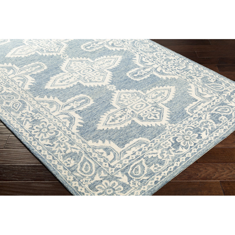 Tapis bleu / ivoire en laine touffeté à la main Londono, Rectangle 8 pi x 10 pi
