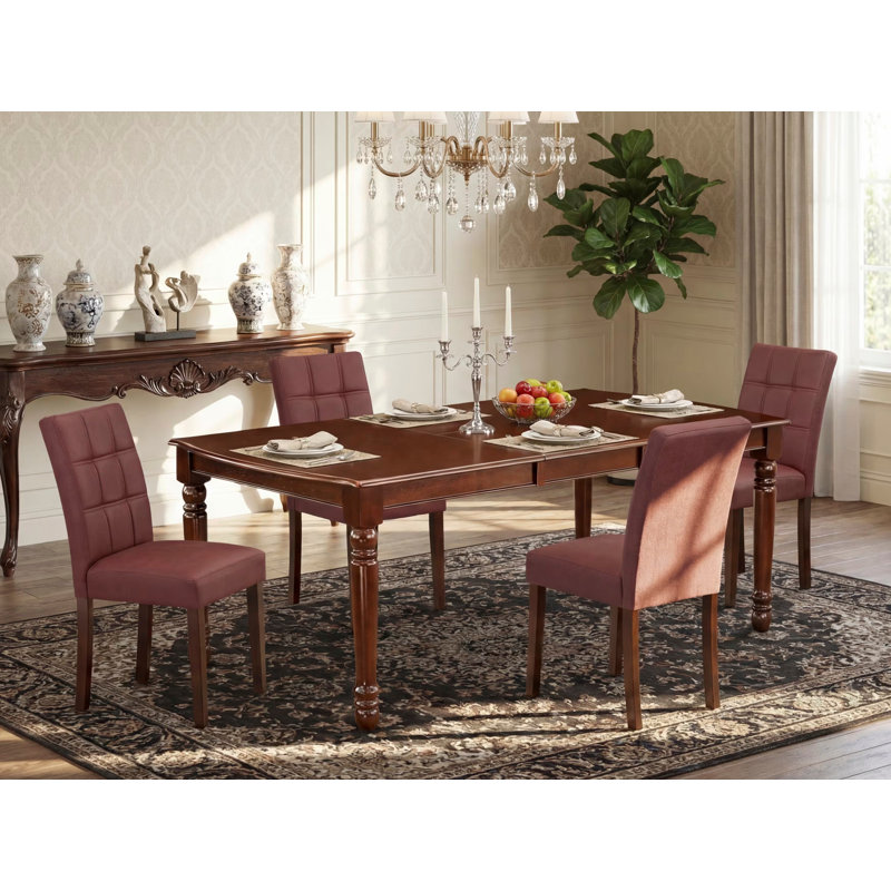 5 Piece Dining Room Table Set Includes A Kitchen Table and 4 Burgundy Polyester Fabric Padded Chairs, Mahogany, Mahogany