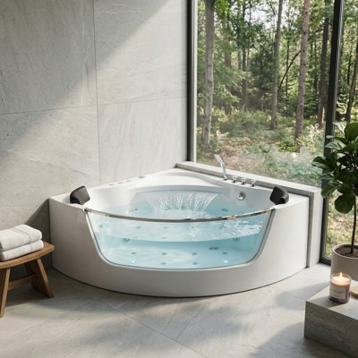 Baignoire à balnéo d'angle 59 pour 2 personnes, baignoire spa de luxe avec jets de massage et éclairage à bulles DEL