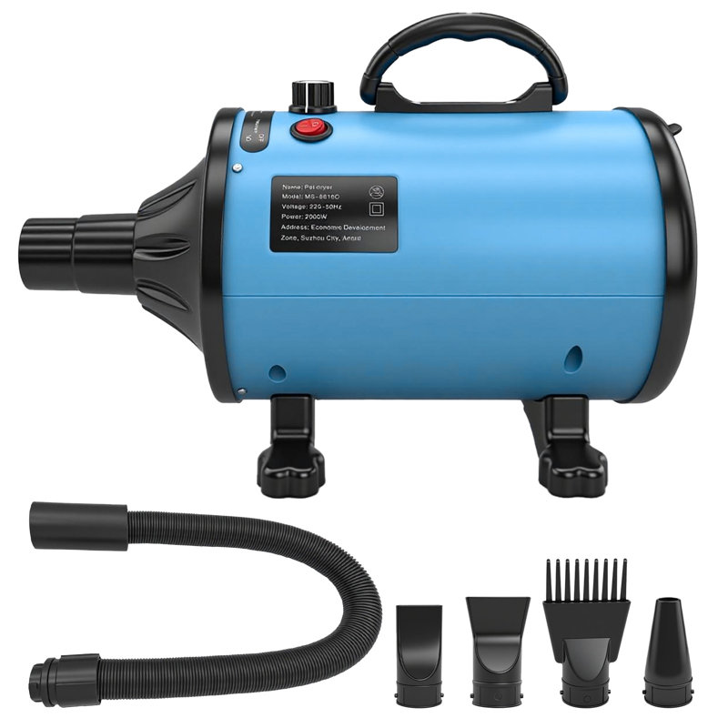 Pet Hair Dryer Blower, 2000W Adjustable Speed Pet Grooming Dryer with Heating Function, 4 Nozzles & Flexible Hose, Low Noise Dog Cat Hair Dryer for Home Pet Grooming, EU Plug