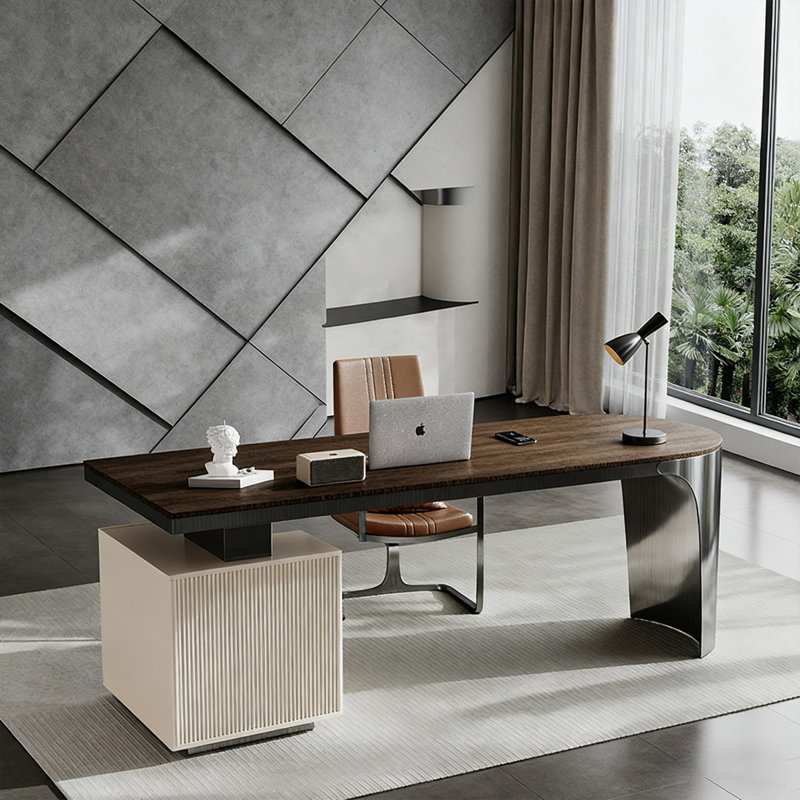  Bureau de direction à bord courbé avec armoire à tiroirs et pieds en titane brossé, 29.53" H x 62.99" W x 27.56" D