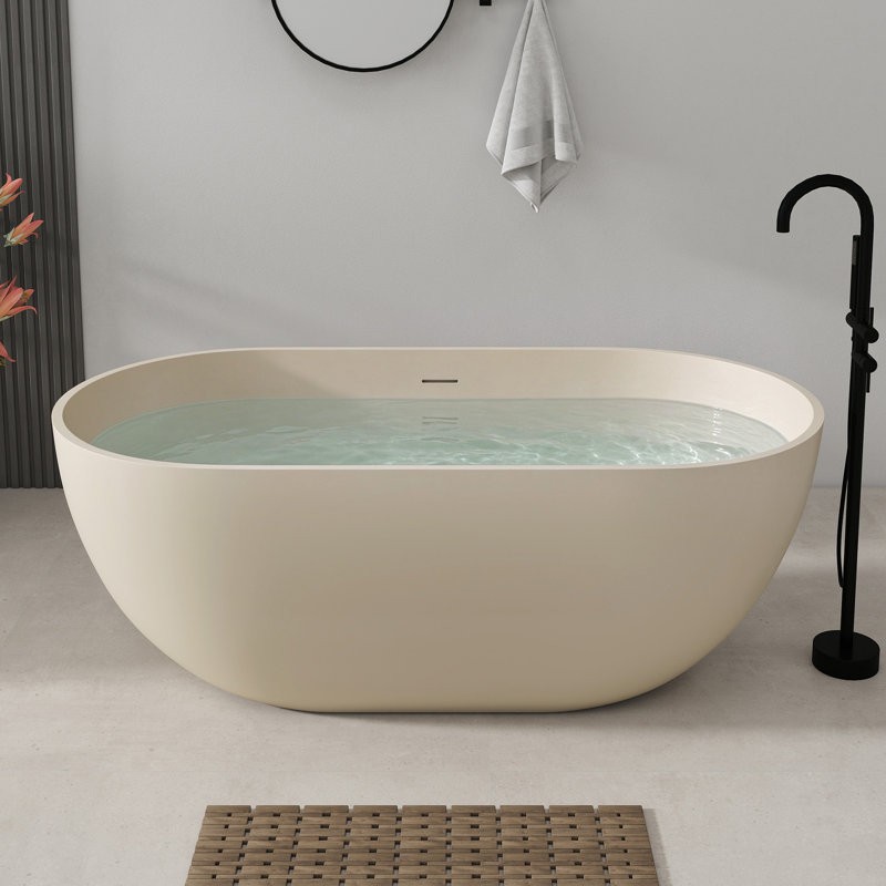 Baignoire autoportante de 150 cm (59 po) en résine de pierre à surface solide avec trop-plein et bonde escamotable, couleur lait-café