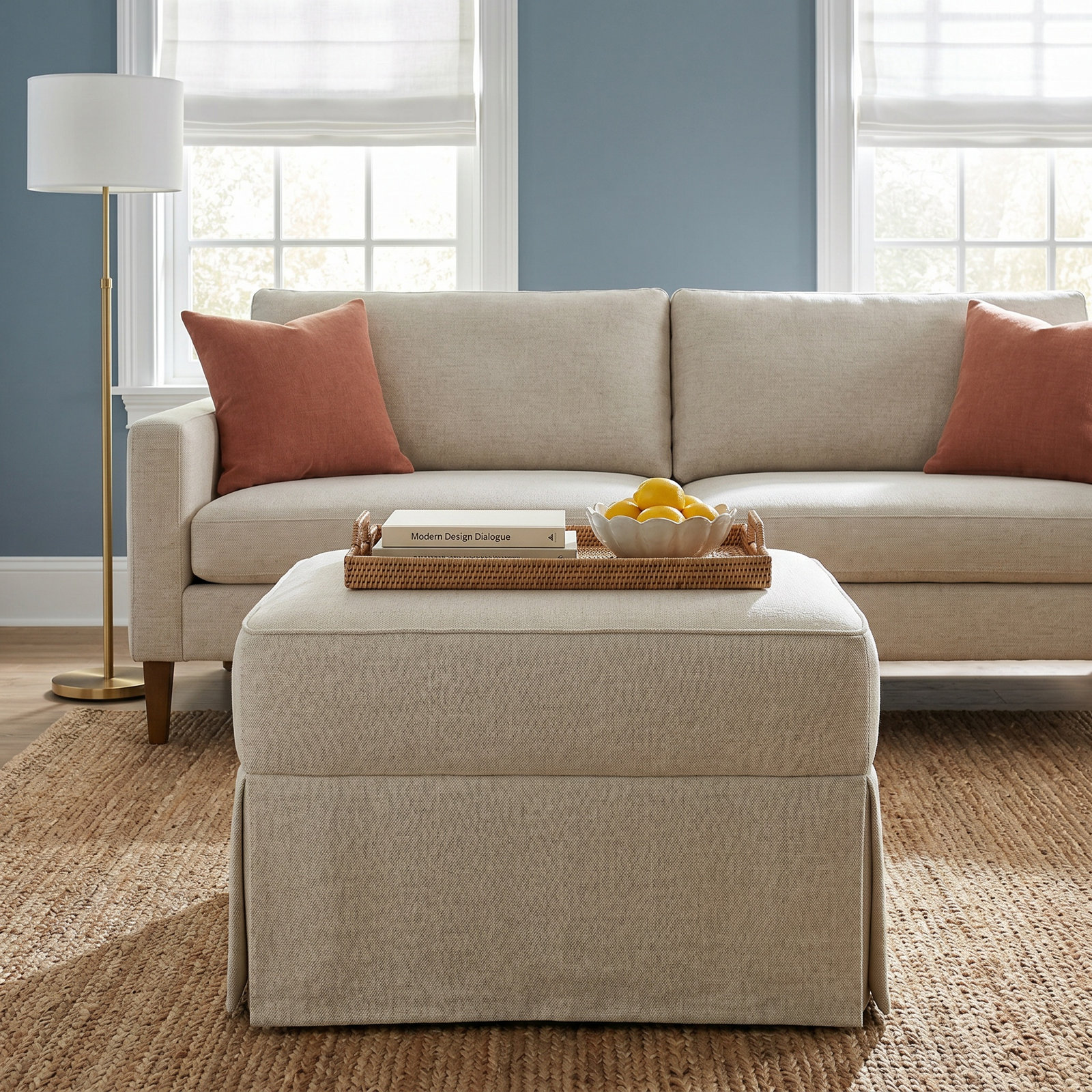 Lucia Upholstered Ottoman, Macc Gray Textured Linen